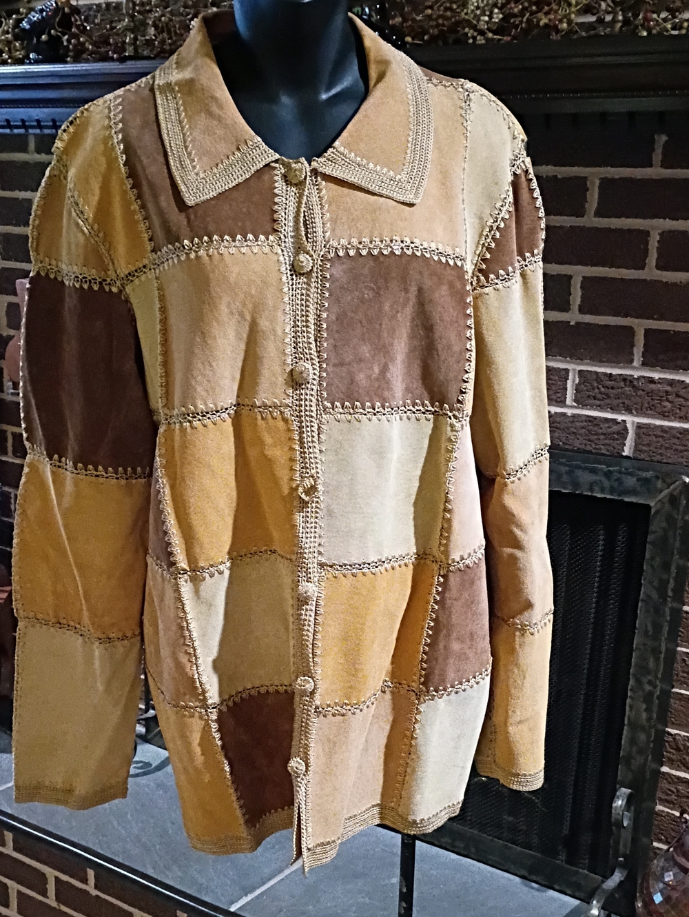Vintage Patchwork Suede Button-Front Jacket - Brown & Tan